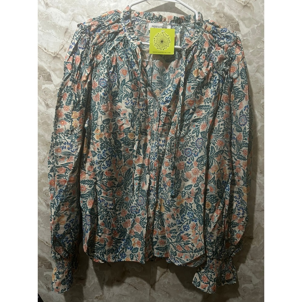 Periwinkle Collection Madison Print Floral Blouse Button Front Smocked Cuff M